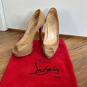Christian Louboutin Beige Patent Peep-Toe Platform Pumps